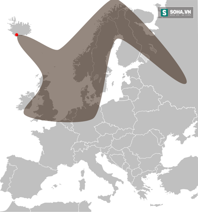 
Tro bụi nóng (màu xám) bao trùm hầu hết vùng Bắc Âu sau vụ núi lửa Eyjafjallajökull ở Iceland phun trào hồi tháng 4/2010. Ảnh: Wikimedia
