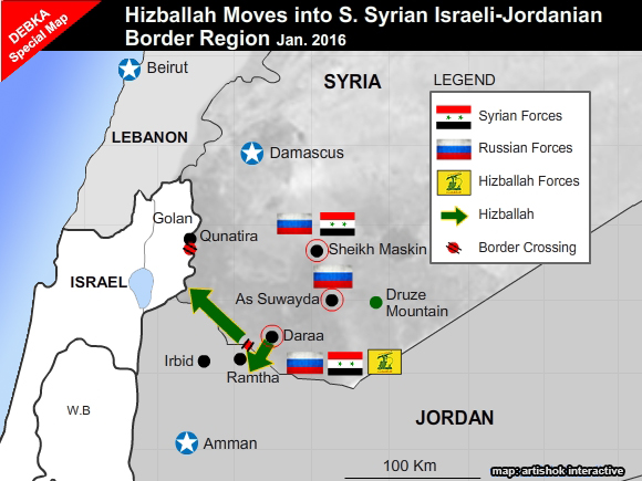 
Lược đồ khu vực phía tây Syria, giáp biên giới Israel. Ảnh: Debka/Artishok Interactive
