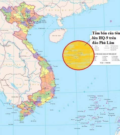 
Sơ đồ thể hiện tầm ảnh hưởng của tổ hợp HQ-9 bố trí trên đảo Phú Lâm thuộc quần đảo Hoàng Sa, Việt Nam
