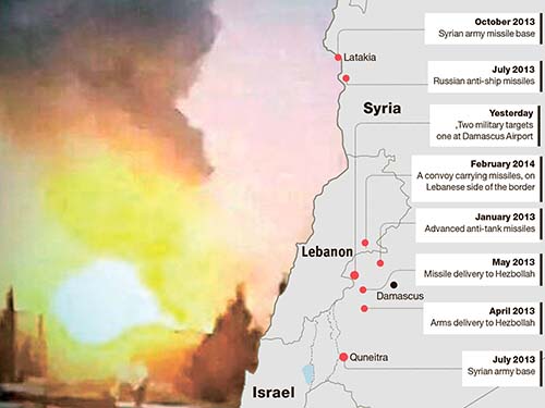 
Các cuộc không kích của Israel vào Syria trong hai năm 2013 và 2014 được thống kê vào ngày 7/12/2014. Ảnh SHAM.FM
