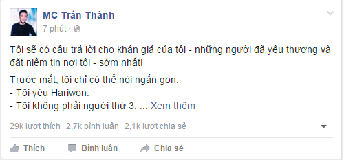 
Trấn Thành thừa nhận yêu Hari Won.
