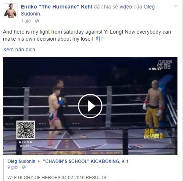 Enriko Kehl chia sẻ lại clip trận đấu trên facebook cá nhân.