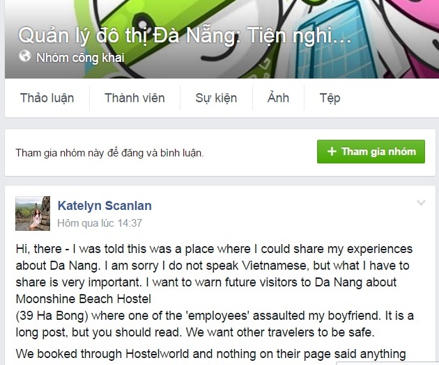 
Thông tin Katelyn Scanla phản ánh trên trang facebook “Quản lý đô thị Đà Nẵng: Tiện nghi - Xanh - Sạch - Đẹp”
