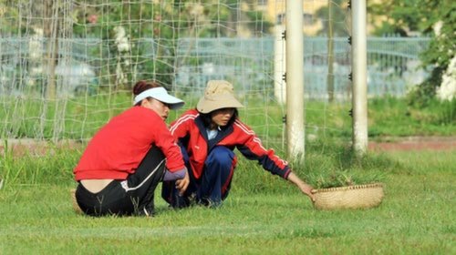 Nguyễn Thị Nụ đi nhổ cỏ.