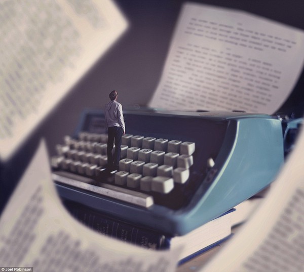 Short Stories: As pages of written work fall all around Joel who stands on a typewriter, his photographic illusion is seamless