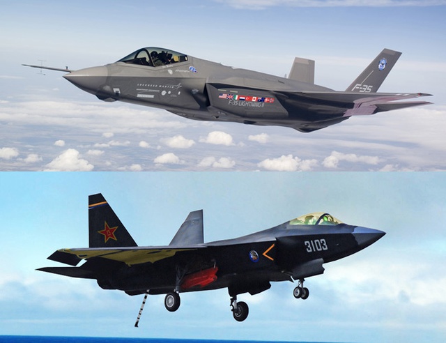 Chủ tịch AVIC Lin Zhouming mạnh miệng tuyên bố rằng: Khi đi vào hoạt động, J-31 (dưới) chắc chắn sẽ đánh bại F-35.