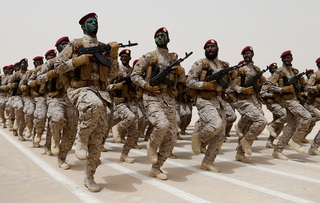 Saudi soldiers march during Abdullahs Sword military drill in Hafar Al-Batin, near the border with Kuwait April 29, 2014 (Reuters / Faisal Al Nasser)
