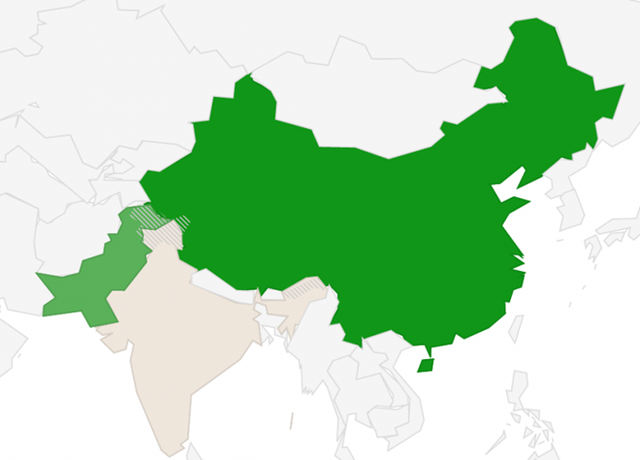 Bản đồ 3 nước Ấn Độ - Trung Quốc - Pakistan. Vùng gạch chéo là vùng có tranh chấp giữa các nước.
