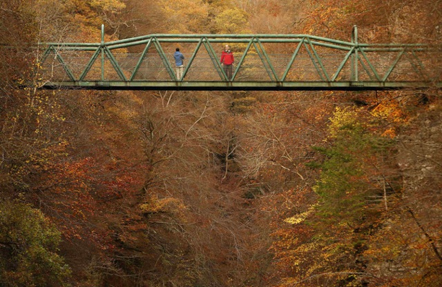 Mọi người dừng trên cây cầu bắc qua sông Garry để ngắm cảnh mùa thu ở Killiecrankie, Scotland.