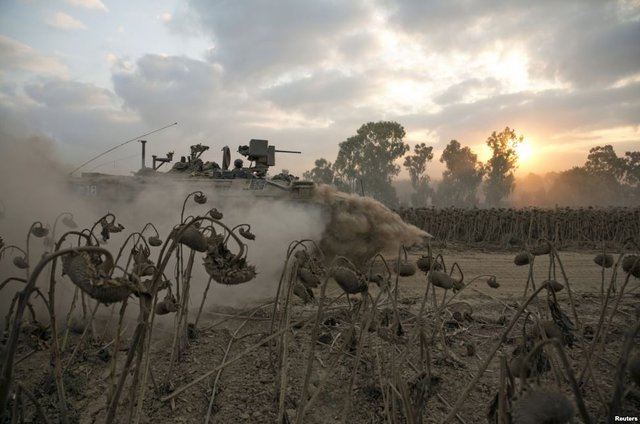 Xe bọc thép chở quân của quân đội Israel đi qua cánh đồng hướng dương chết khô ở gần biên giới Israel-Gaza.