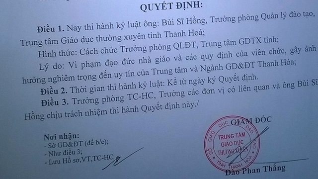 Quyết định kỷ luật ba cán bộ TTGDTX tỉnh Thanh Hóa - Ảnh: Hà Đồng