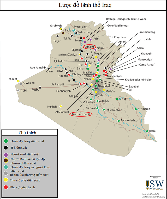 Lược đồ lãnh thổ Iraq do viện nghiên cứu chiến tranh ISW (Mỹ) cung cấp