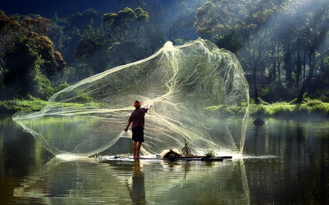 Ngư dân quăng lưới đánh cá trong khi đứng trên một chiếc bè gỗ tại hồ Situ Gunung ở Tây  Java, Indonesia.