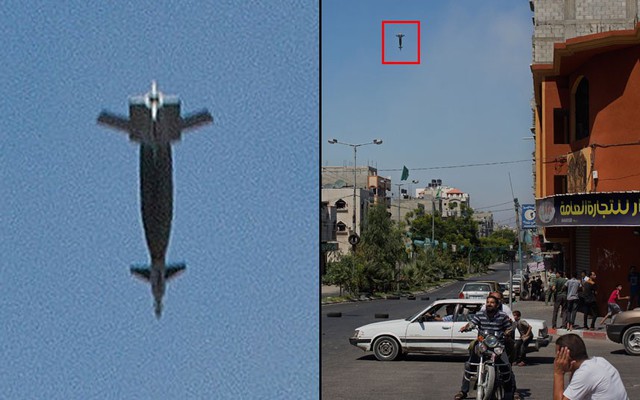 Khoảnh khắc một quả bom thông minh do máy bay chiến đấu Israel phóng ra, đang lao xuống một tòa nhà ở Dải Gaza.