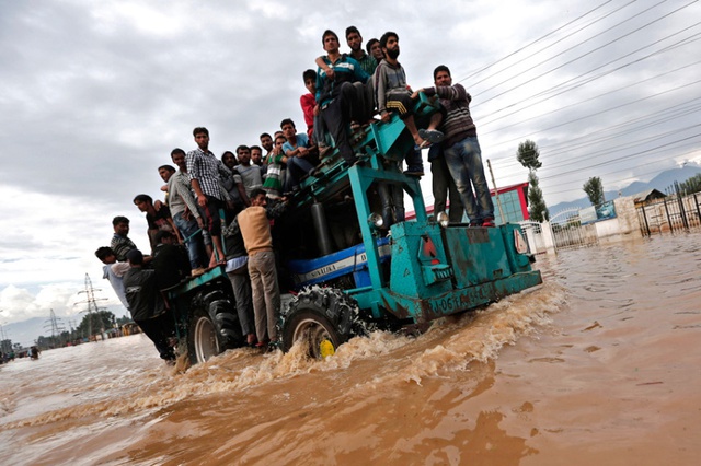 Một chiếc máy cày chở người dân sơ tán đi qua đường phố ngập lụt ở Srinagar, Ấn Độ.