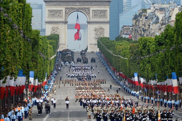 Lực lượng vũ trang Pháp tham gia diễu binh trên đại lộ Champs-Elysees ở Paris, chào mừng ngày quốc khánh Pháp.