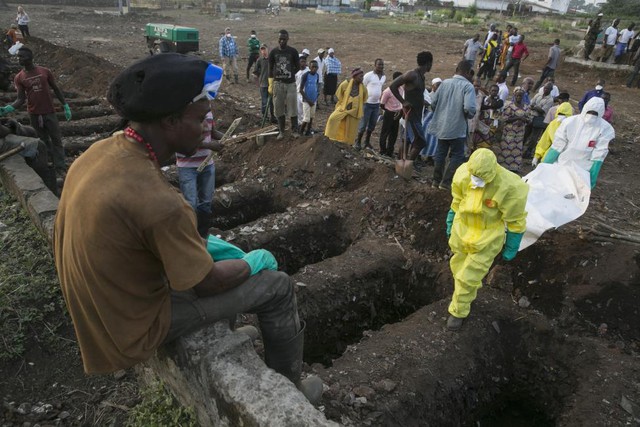 Một người đào huyệt nhìn các nhân viên y tế khiên thi thể các nạn nhân Ebola tới nơi chôn cất tại một nghĩa trang ở Freetown, Sierra Leone.