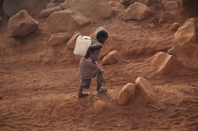 Bé gái cõng can nước trên lưng trên đường trở về nhà gần Marsabit, Kenya.
