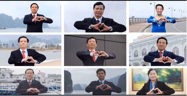 Các vị lãnh đạo tỉnh Quảng Ninh khum tay tạo trái tim, mỉm cười chào du khách.