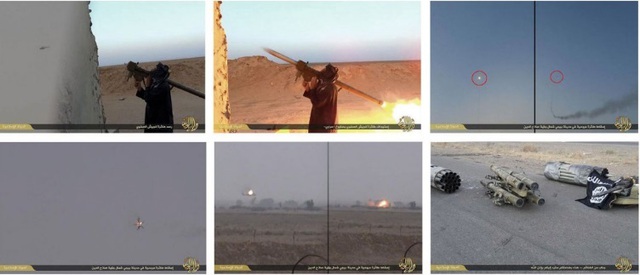 Hình ảnh chiến binh IS sử dụng tên lửa phòng không vác vai FN-6 hạ trực thăng Mi-35M của quân đội Iraq.