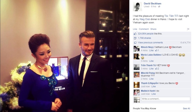 Becks còn tag cả Tóc Tiên vào dòng status