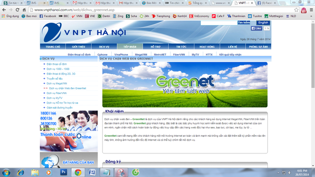 Dịch vụ GreenNet được giới thiệu trên website của VNPT.