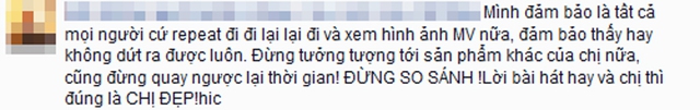 Những sản phẩm trước của Mỹ Tâm đều rất hoành tráng. Thế nhưng Vì mình còn yêu lại trở thành một phiên bản lỗi trầm trọng khi so sánh. Thế nên, một fan ruột của Myta hy vọng mọi người chỉ xem và cảm nhận MV mới chứ đừng so sánh.