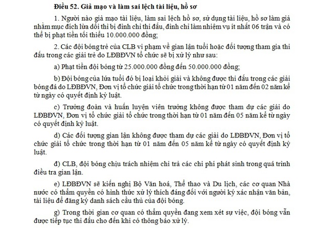 Khoản 2, Điều 52, Quy định về kỷ luật của VFF