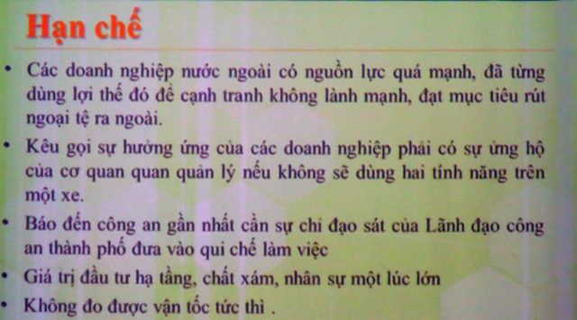 Các hạn chế của ứng dụng LiveTaxi mà các cơ quan chức năng đã đưa ra trong buổi ra mắt. (Ảnh: Bizlive)