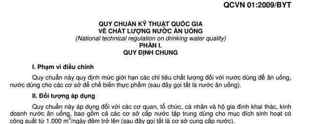 
Chất lượng nước tại các chung cư lớn (công suất 1.000m3/ngày phải tuân theo Quy chuẩn Việt Nam 01:2009 dành cho nước ăn 