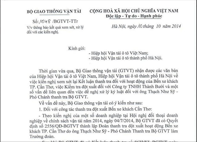 Văn bản của Bộ GTVT về việc xử lý kiến nghị đối với ông Thạch Như Sỹ.