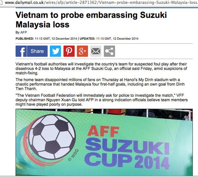 Daily Mail trích dẫn lại tin nghi vấn tiêu cực tại Việt Nam