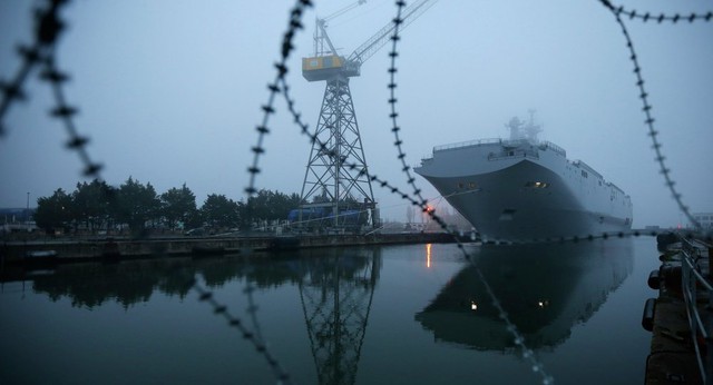 The Mistral-class helicopter carrier Vladivostok is seen at the STX Les Chantiers de l&apos;Atlantique shipyard site in Saint-Nazaire