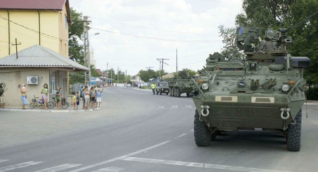 U.S. Soldiers in Stryker combat vehicles belonging to the 4th Squadron of the 2nd Stryker Cavalry Regiment based in Vilseck, Germany.