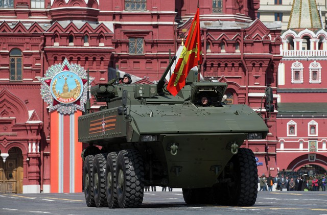 The Bumerang armored personnel carrier drives during the Victory Parade marking the 70th anniversary of the defeat of the Nazis in World War II, in Red Square in Moscow, Russia, Saturday, May 9, 2015