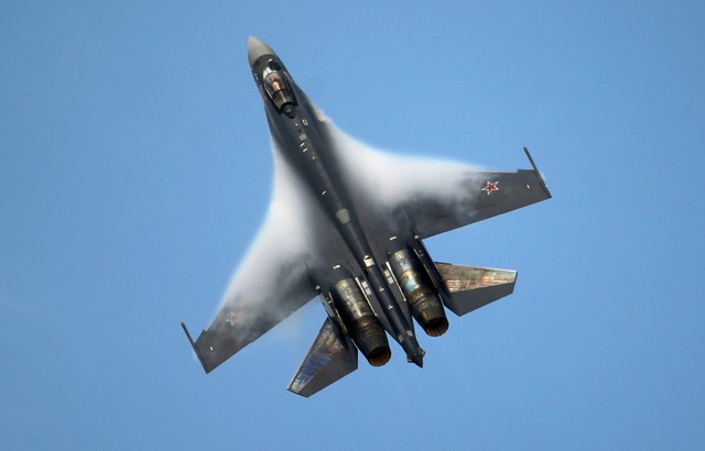 A Sukhoi SU-35 jetfigther performs its demonstration flight during the 50th Paris Air Show at Le Bourget airport, north of Paris