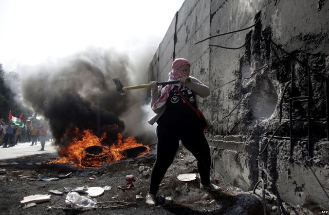 Người biểu tình Palestine dùng rìu để phá bức tường bê tông do Israel xây dựng để ngăn cách thành phố Abu Dis và Jerusalem ở Bờ Tây.