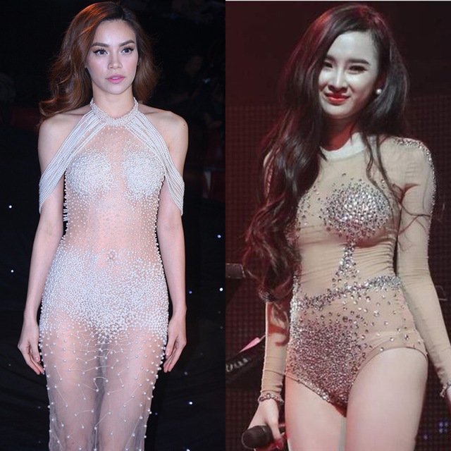 
Chiếc váy xuyên thấu của Hồ Ngọc Hà bị đem ra so sánh với bộ quần áo khiến Angela Phương Trinh từng bị cấm diễn.
