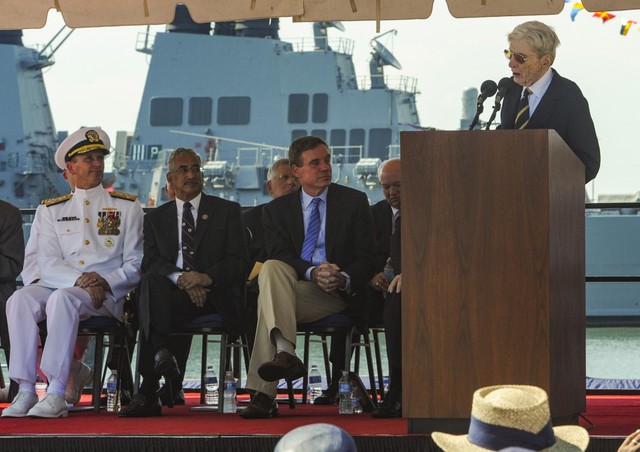 NORFOLK, Va. (Aug. 1, 2015) The Honorable John W. Warner delivers remarks at the commissioning ceremony for the Virginia-class attack submarine USS John Warner (SSN 785). John Warner is the U.S. Navys 12th Virginia-class submarine and the first submarine in it’s class to be named after a living person. (U.S. Navy photo by Mass Communication Specialist 1st Class Daniel N. Garas)