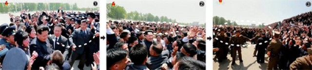 Hình ảnh truyền hình cho thấy cảnh ông Kim Jong Un bị đám đông thanh niên bao vây, các vệ sĩ phải can thiệp - Ảnh: Chosun Ilbo