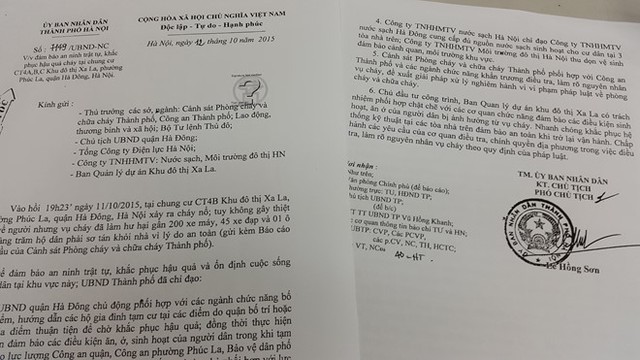 
Công văn hỏa tốc của UBND TP.Hà Nội chỉ đạo các ngành chức năng khắc phục hậu quả của vụ cháy tại Chung cư Xa La (Hà Đông, HN). Ảnh: Kh.V
