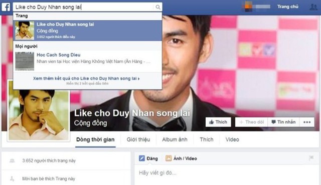 Fanpage “Like cho Duy Nhan song lai” thu hut hơn 3.600 lượt like.