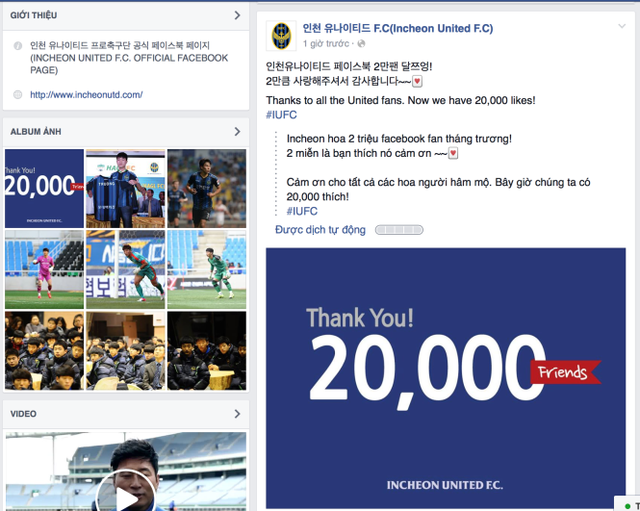 Bức ảnh thông báo Fanpage chính thức của CLB Incheon United đã có 20.000 lượt theo dõi vào trưa 29-12. Ảnh chụp từ màn hình