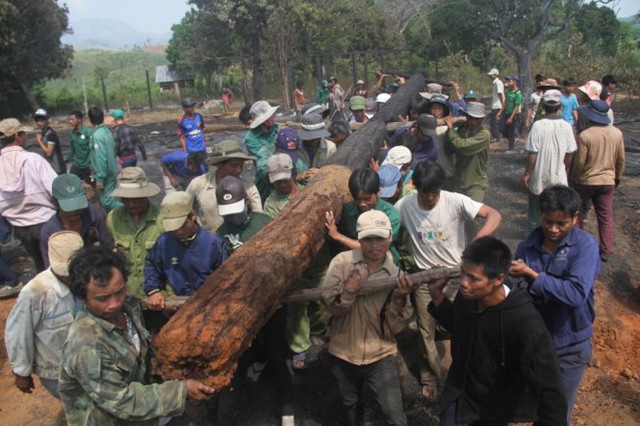 Người dân làng Kon Sơ Lăl cũ khiêng những cây gỗ cháy còn xót lại. Ảnh: THÙY DUNG