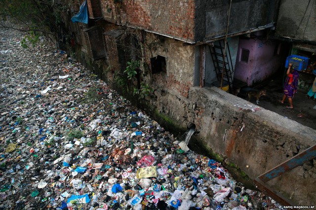 Người phụ nữ đội thùng chuối trên đầu tại khu ổ chuột Dharavi ở Mumbai, Ấn Độ. Đây là khu ổ chuột lớn nhất và ô nhiễm nhất tại thành phố Mumbai.