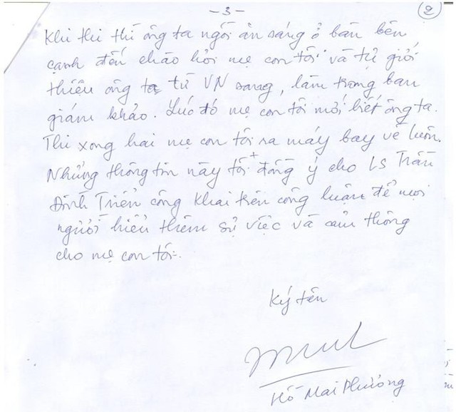 Lá đơn viết tay bà Mai Phương - mẹ Hoa hậu Trương Hồ Phương Nga gửi luật sư.