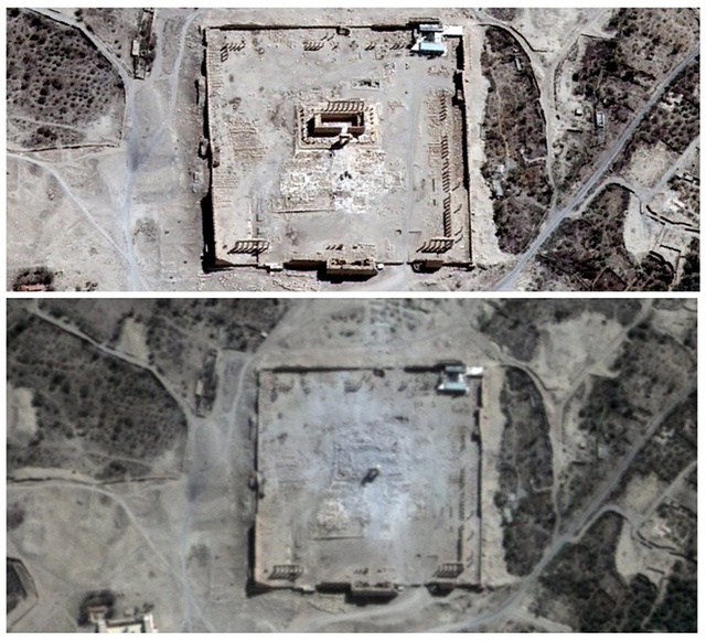 Ảnh vệ tinh cho thấy ngôi đền cổ Bel bị nhóm phiến quân Nhà nước Hồi giáo (IS) phá hủy tại Palmyra, Syria.