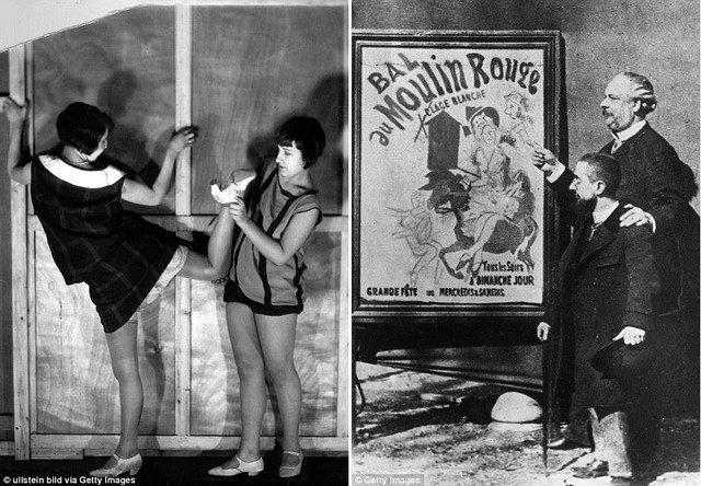 
Các cô gái giúp nhau chỉnh trang phục biểu diễn (trái). Họa sĩ Henri Toulouse- Lautrec cùng giám đốc Moulin Rouge bên cạnh một poster quảng cáo cho hộp đêm (phải).
