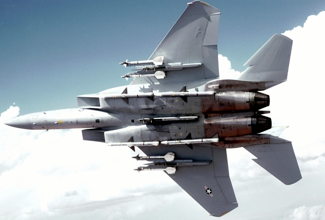 Tiêu chuẩn trang bị vũ khí trên F-15C với 4 tên lửa AIM-9L, 4 AIM-7M Sparrow