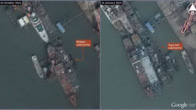 Hình ảnh vệ tinh ngày 24/10/2014 (bên trái) cho thấy 1 tàu ngầm cỡ nhỏ đang đóng tại nhà máy đóng tàu Vũ Xương. Đến ngày 14/01/2015 (bên phải) thì vị trí chiếc tàu ngầm cỡ nhỏ được thay bằng 1 chiếc tàu ngầm Type 041.